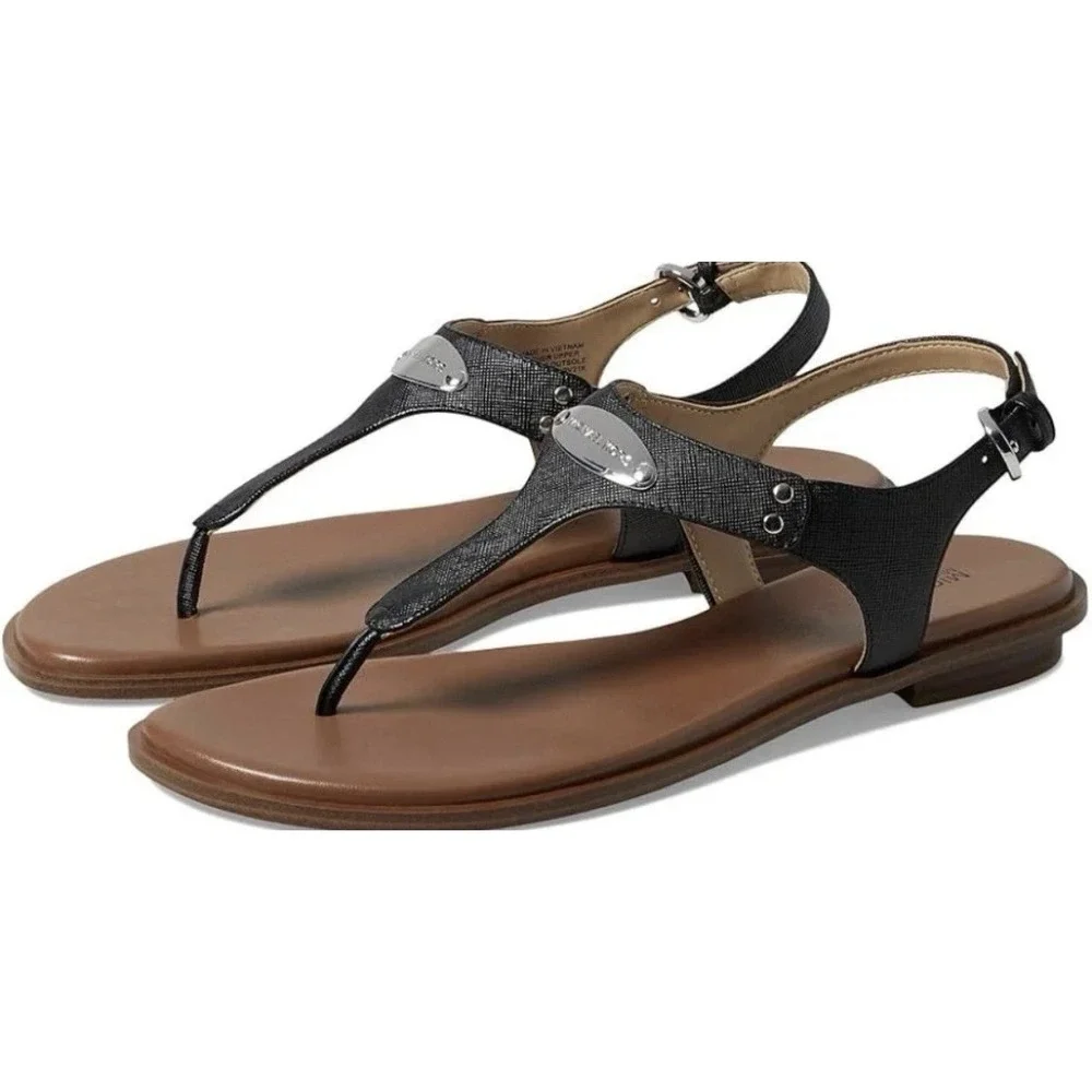 Michael Kors Women's MK Silver Plate Flat Leather Thong Sandals Black size 9M